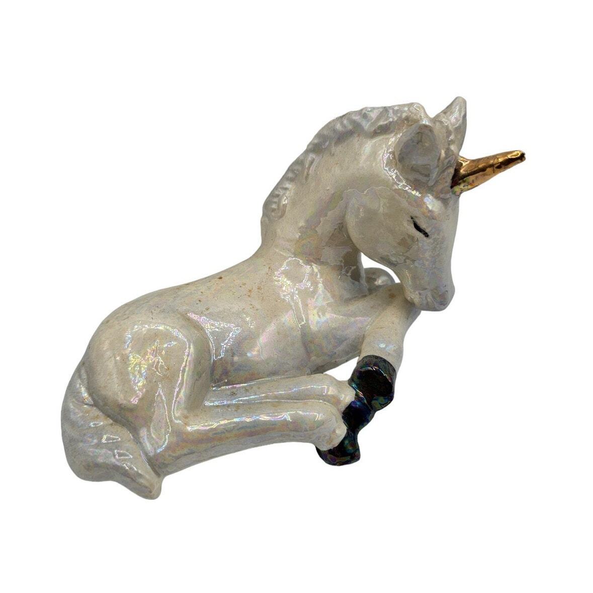 Vintage 1990s Pearlized Unicorn Figurine Ceramic Laying Down Gold Horn