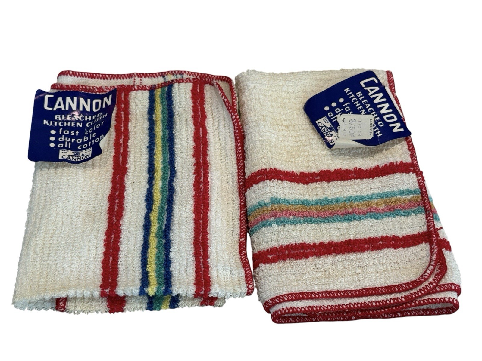 VTG Cannon Kitchen Cloths Bleached Cotton Striped Set Of 2 NEW Old Stock READ VTG Cannon Kitchen Cloths Bleached Cotton Striped Set Of 2 NEW Old Stock READ