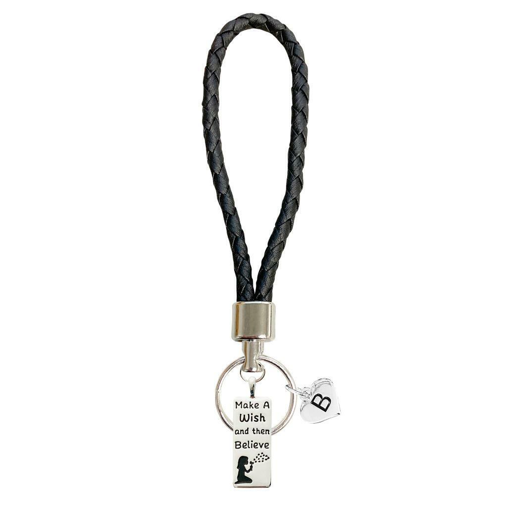 Custom Make a Wish then Believe Dandelion Black Leather Key Chain Choose Initial