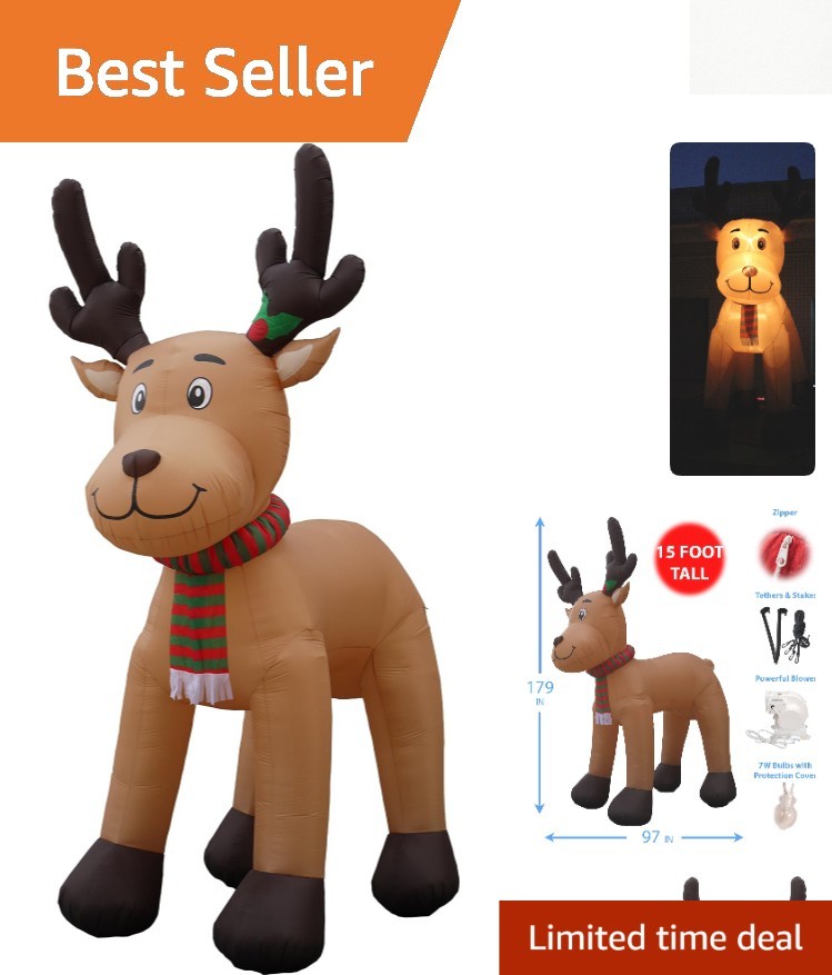Massive 15 FT Inflatable Reindeer - Self-Inflating Holiday Sculpture with Lights