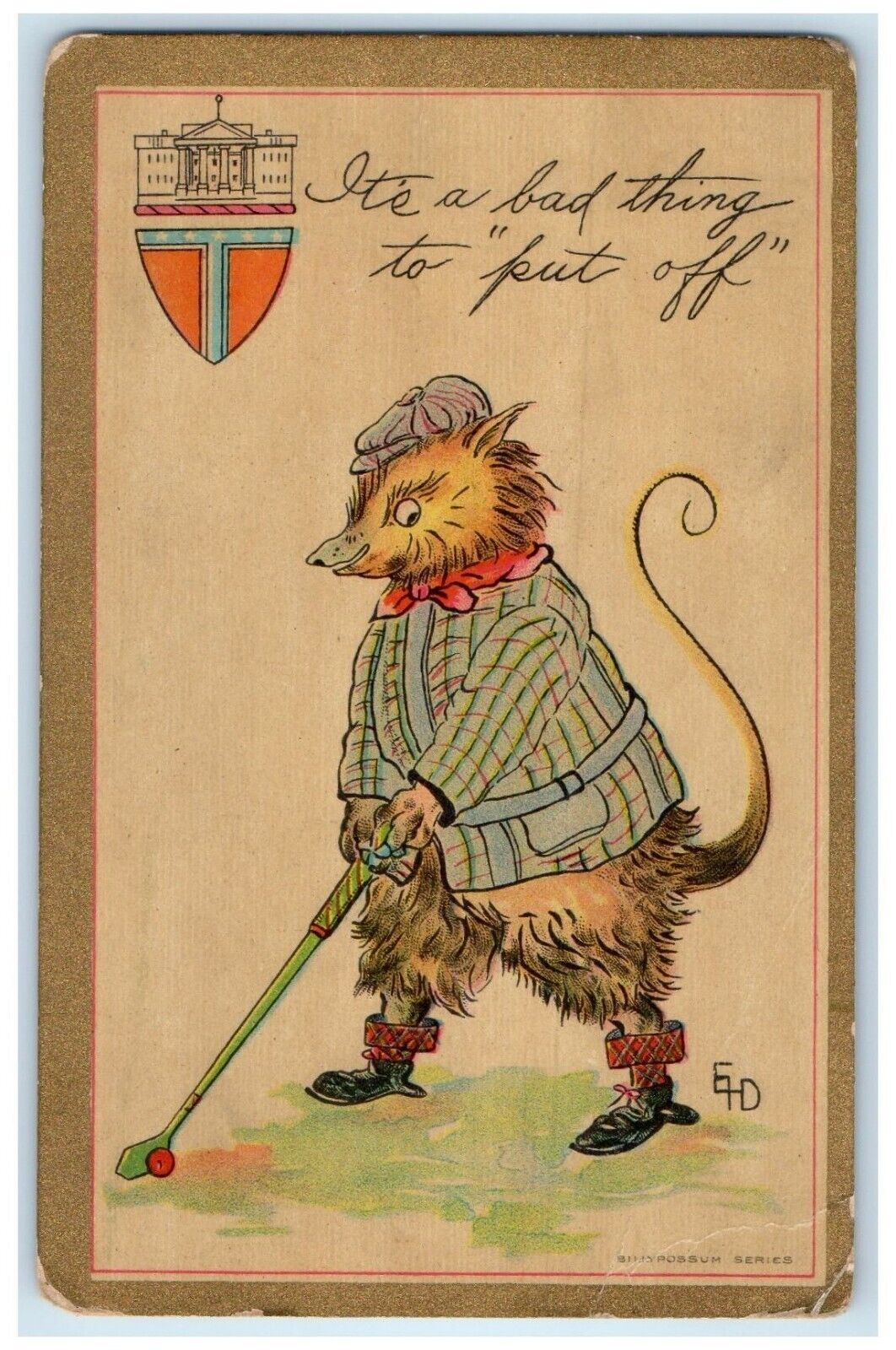 c1910's Billy Possum Anthropomorphic Playing Golf Unposted Antique Postcard