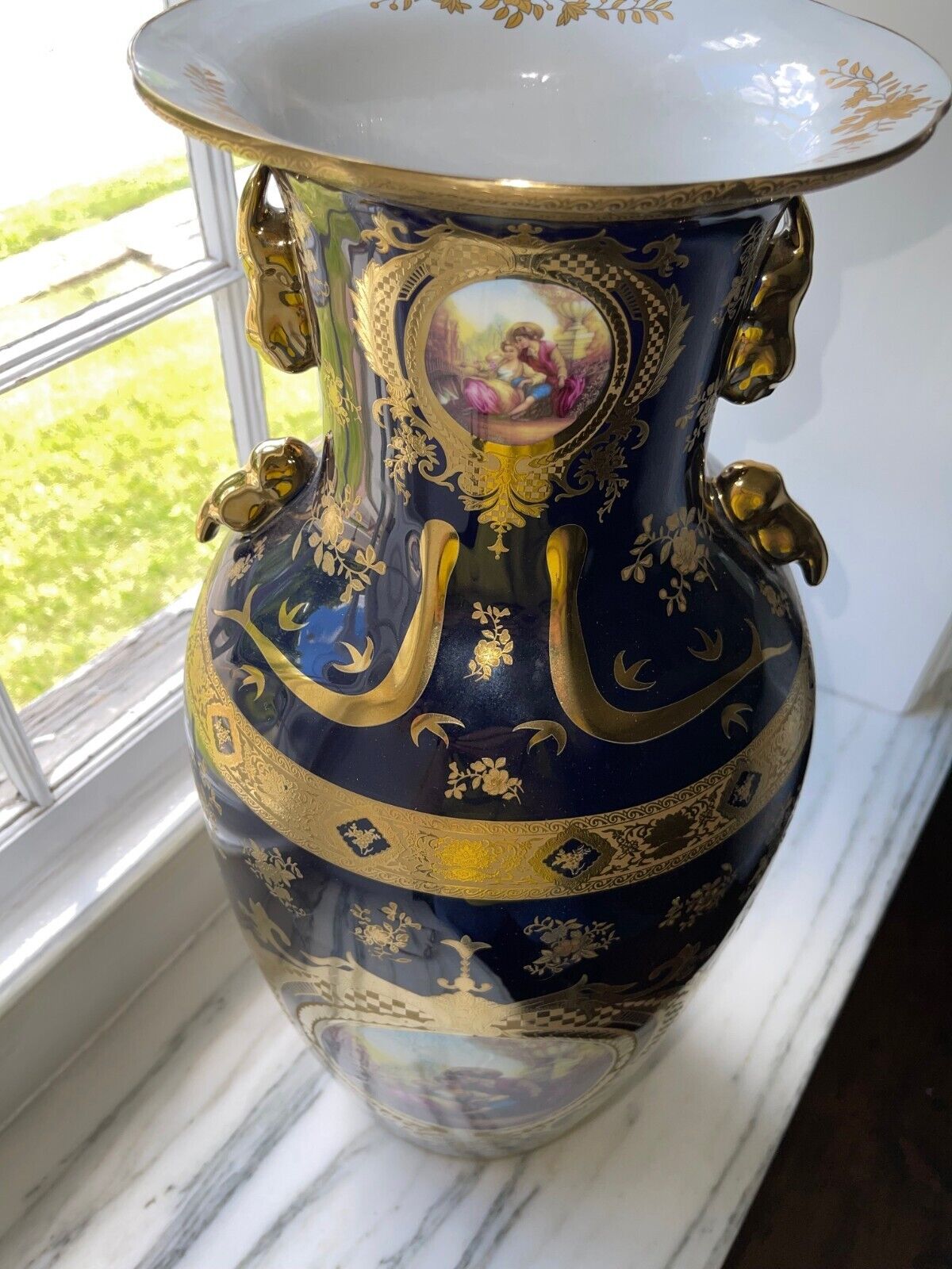 Limoges Vintage French Porcelain Cobalt Blue & Gold Hand Painted Vase 24“ High