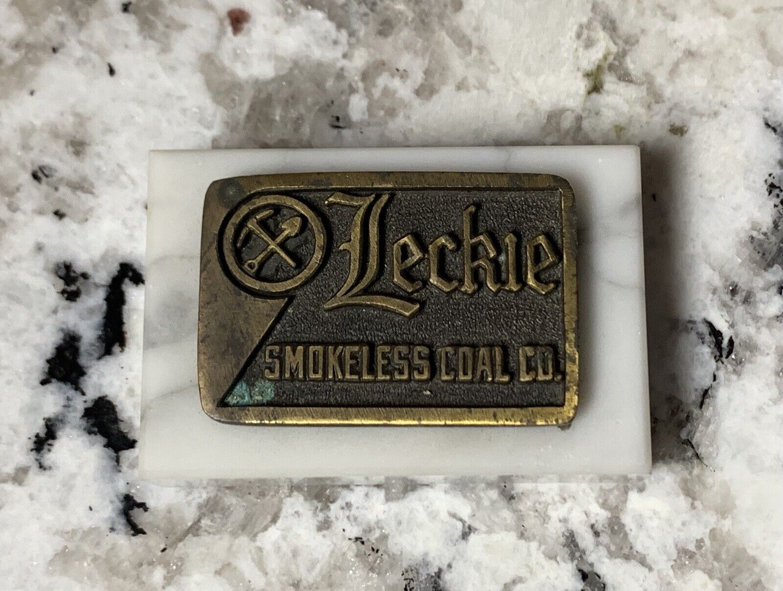 Vintage Leckie Smokeless Coal Mini Brass Plaque on Marble Base Coal Mining Rare