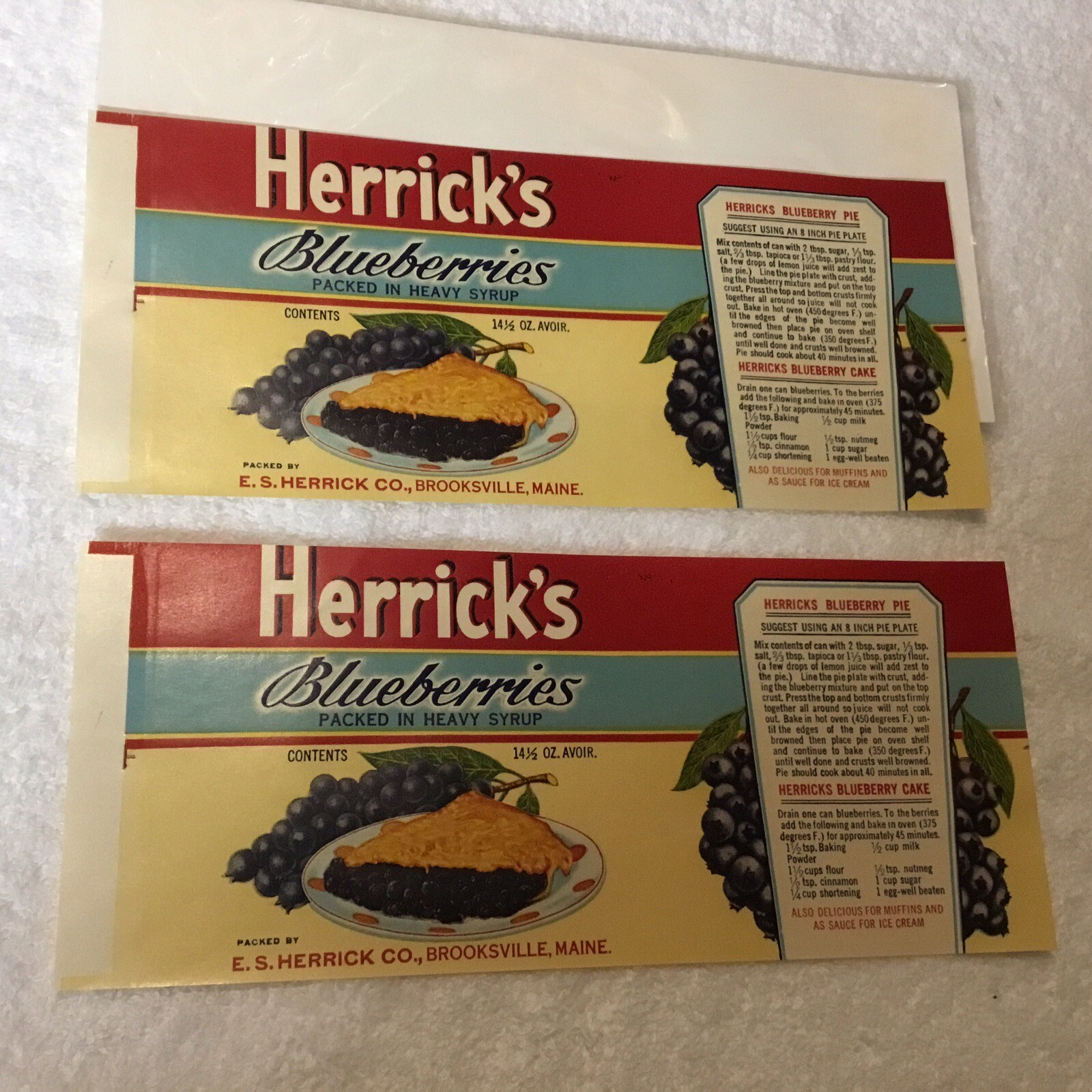 Vintage 2x Herrick's Blueberries Can Label 1930s Brooksville, ME Recipes. Bonus Vintage 2x Herrick's Blueberries Can Label 1930s Brooksville, ME Recipes. Bonus