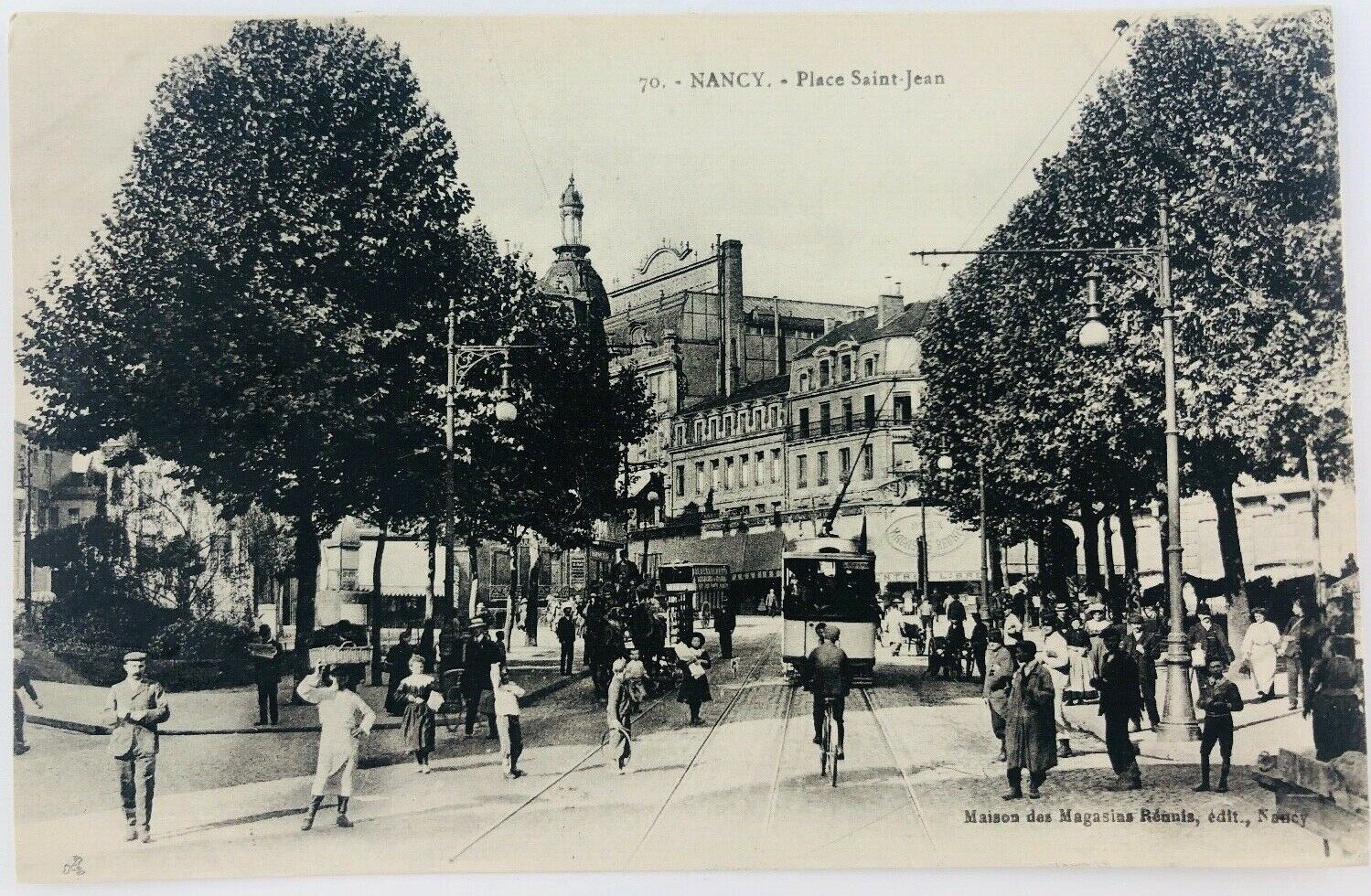 Vintage Nancy France RPPC Saint-Jean Square Busy Street Scene with Trolley