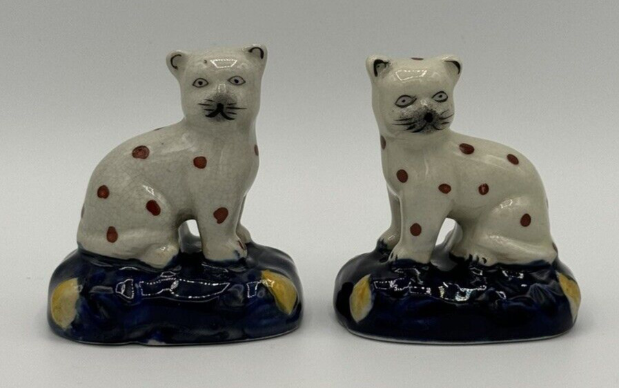 Vintage Staffordshire Pair of Small Red Spotted Cats on Navy Pillow