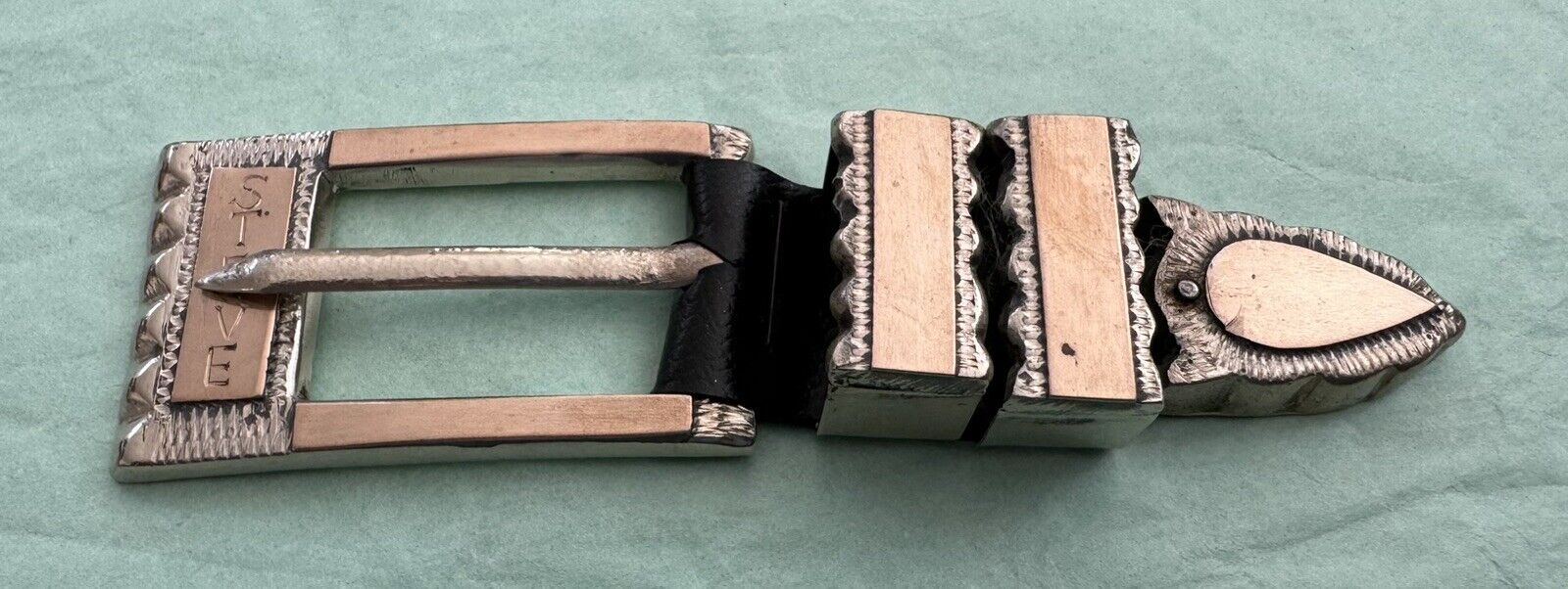 Vintage Silver & Gold Matching 4 Piece Texas Ranger Name STEVE Belt Buckle Set