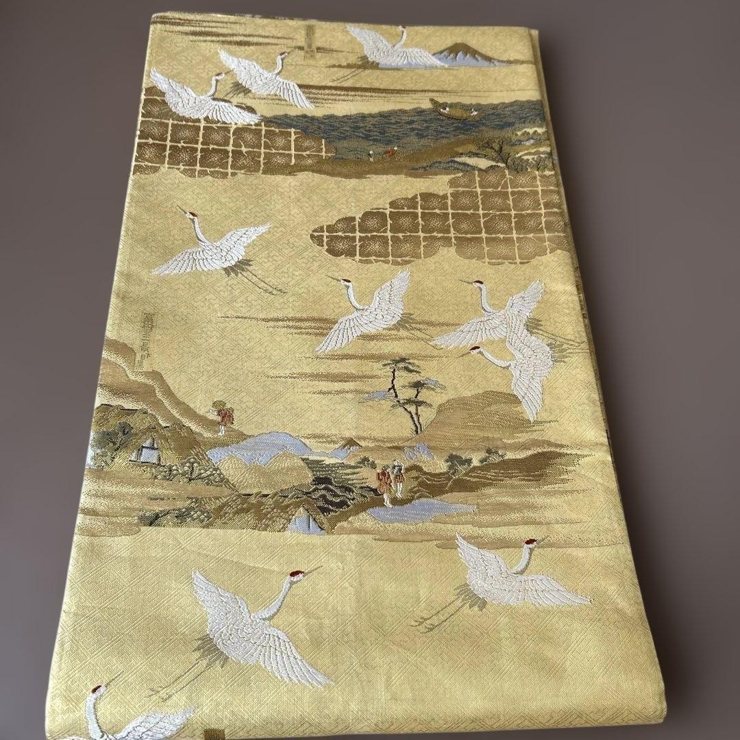 Fukuro Obi Gold Silk Hokusai 36 Views of Mt Fuji Crane Zentsu 428cm Beautiful JP
