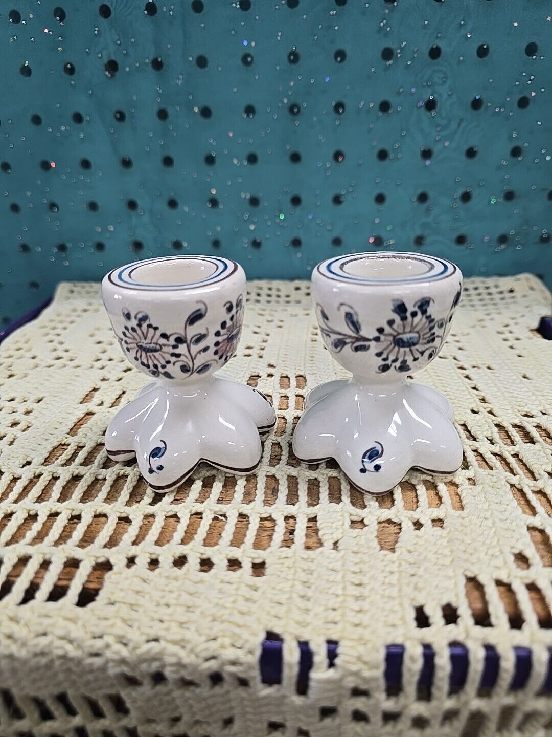Vintage Pair Blue And White Ceramic Candle Holders, Handpainted, Portugal