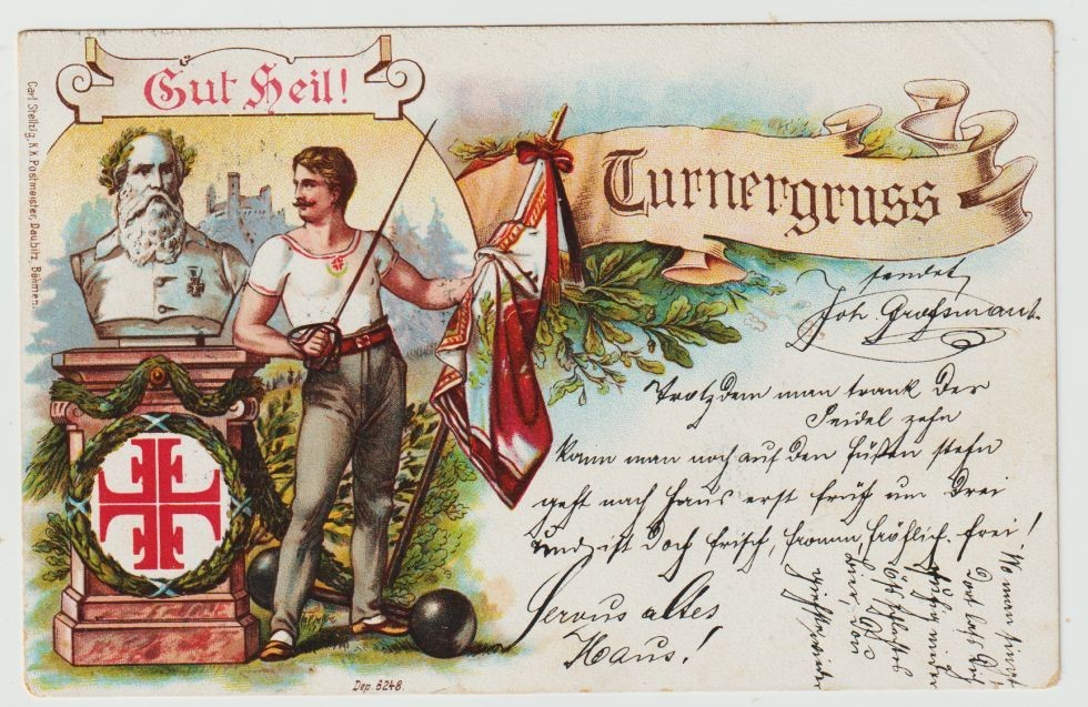 +Int Litho Postcard Gymnastics Greeting, Gut Heil etc expired 1899+