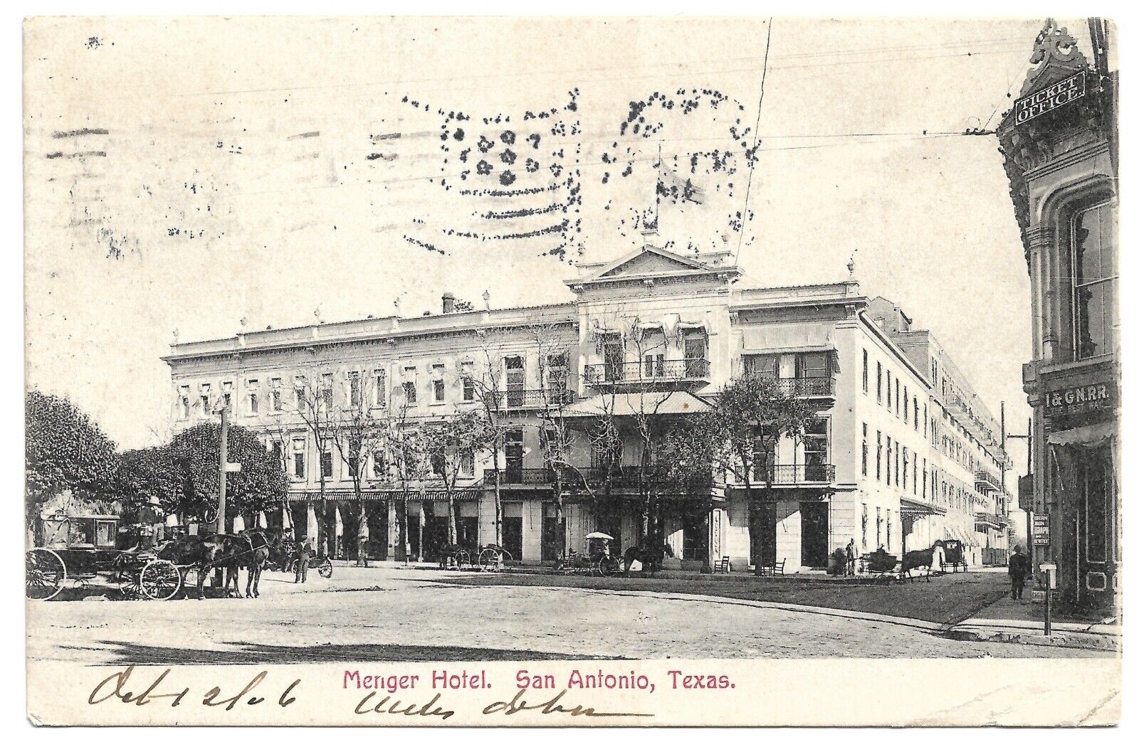 1906 San Antonio Texas Street Scene Menger Hotel Horse Carriage Vintage Postcard