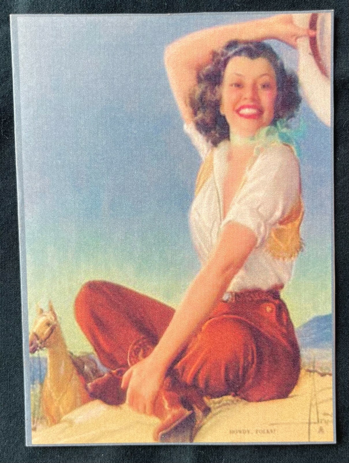 PIN UP ILLUSTRATION ART Notecard GIRL with HORSE and COWBOY BOOTS Howdy Partner