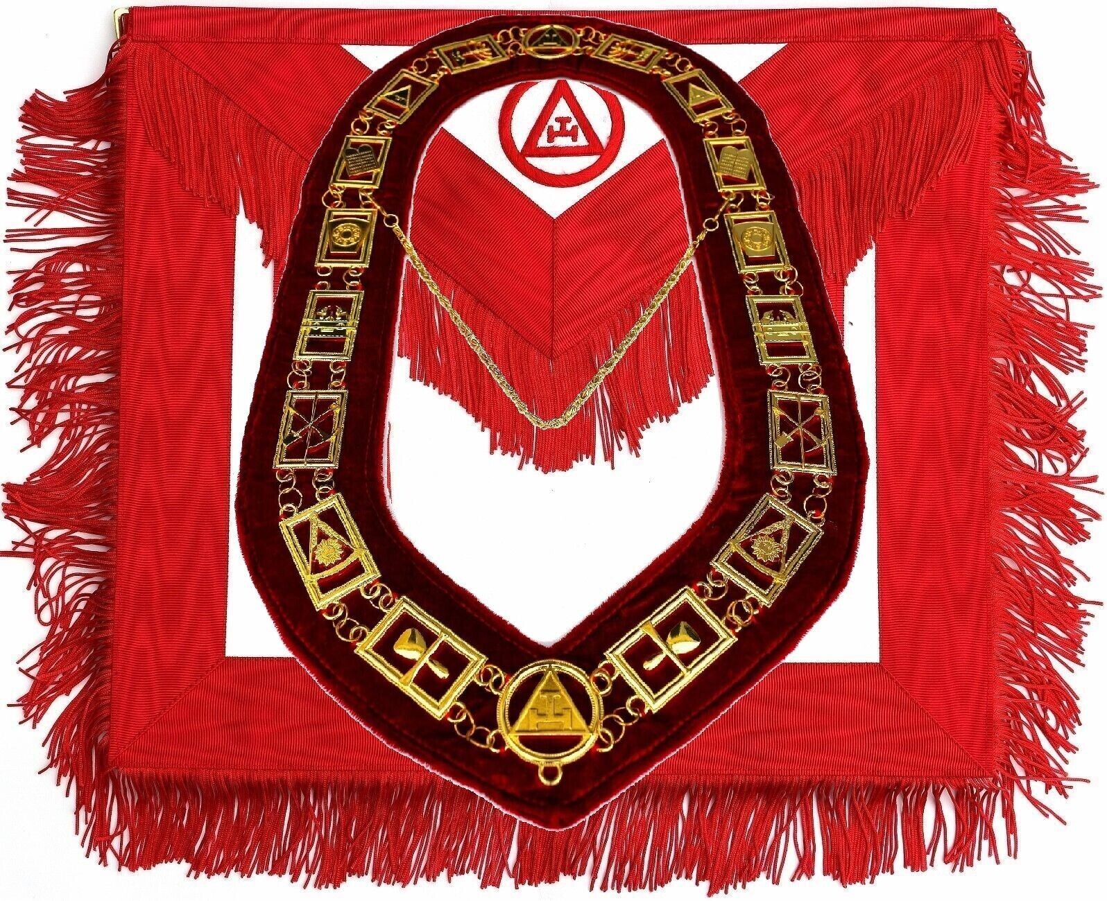 MASONIC REGALIA ROYAL ARCH MARK MASTER APRON WITH CHAIN COLLAR RED AND GOLDEN