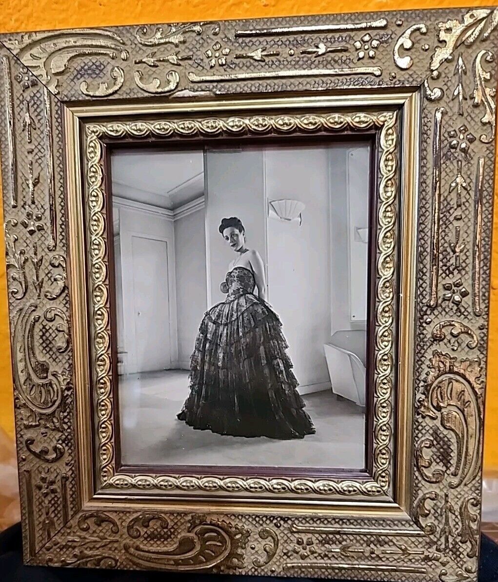 Vintage Framed 1960's Photo Elegant Gowned Fashionable Lady Posing