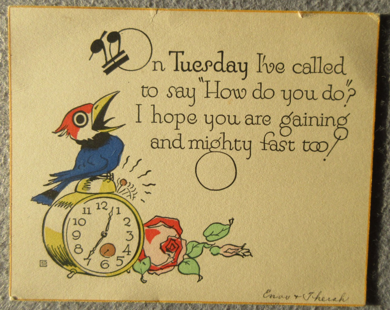 1928 One-Sided GET WELL Card JAYHAWK As ALARM on CLOCK Artist CARL ANDERSON