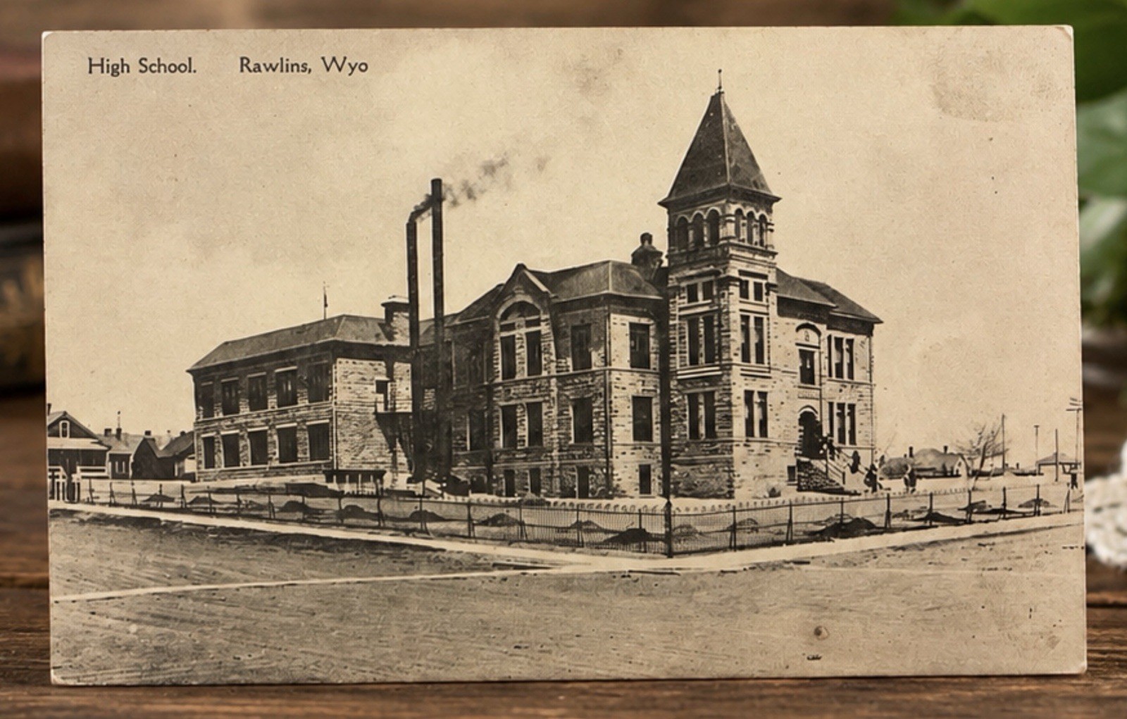 1922 Rawlins WY High School Vintage Postcard Posted Rendle’s Drug Store Wyoming