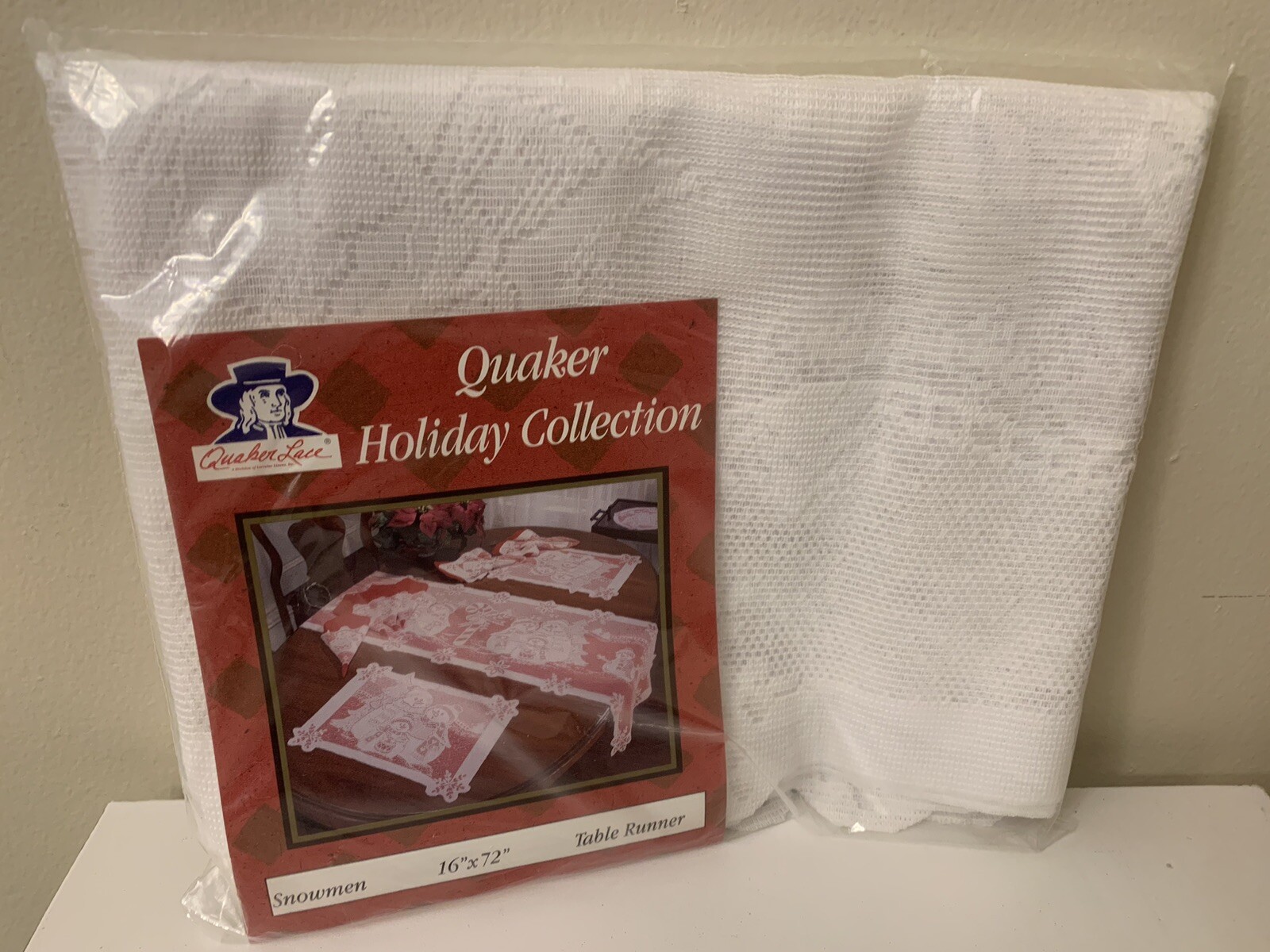 NEW Large Quaker Snowman White Lace Table Runner Candy Cane Trees Holiday 16x72”
