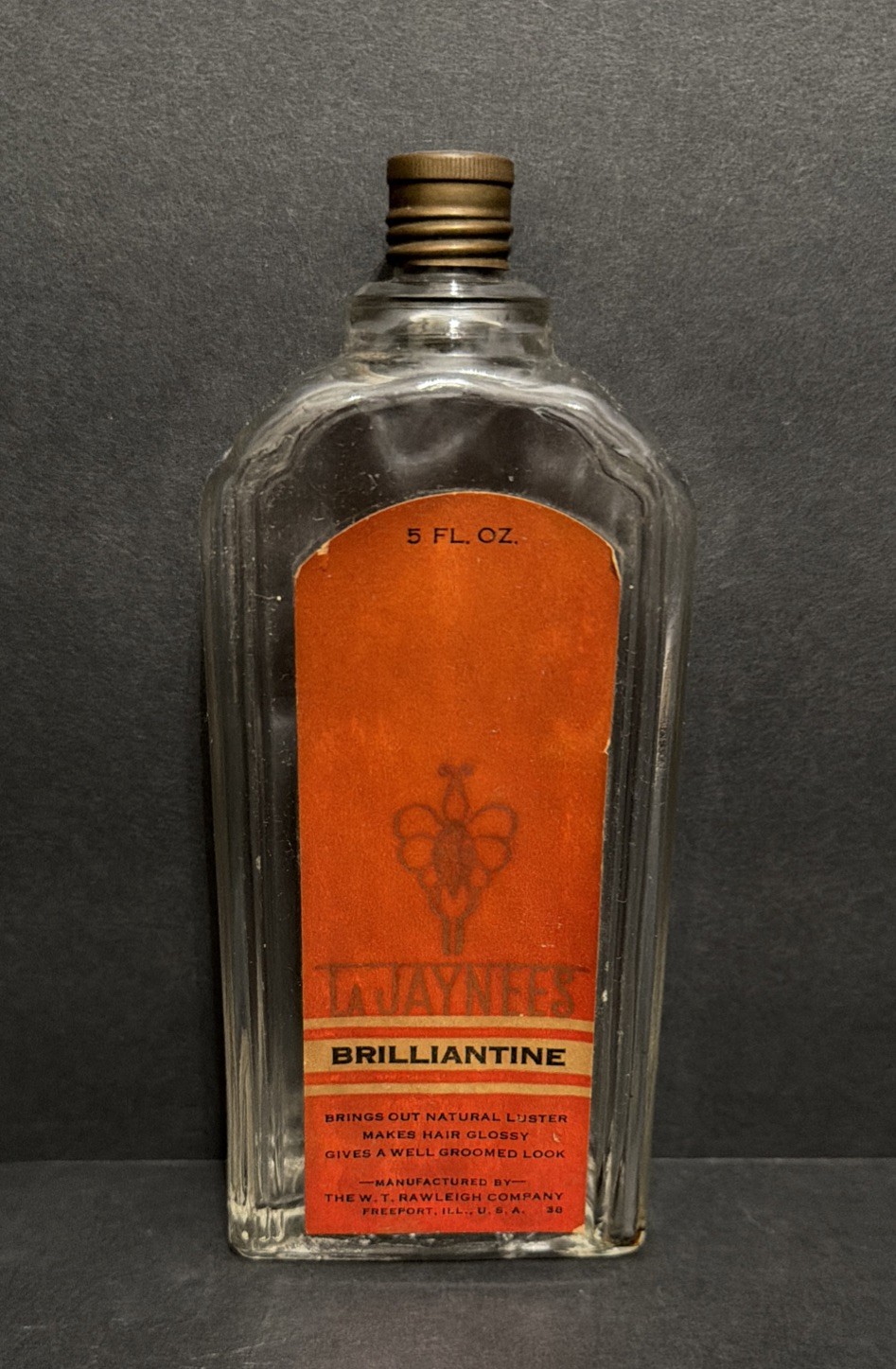Vintage 1930’s La Jaynees Brilliantine Bottle, W.T. Rawleigh, Freeport, IL, 5 oz