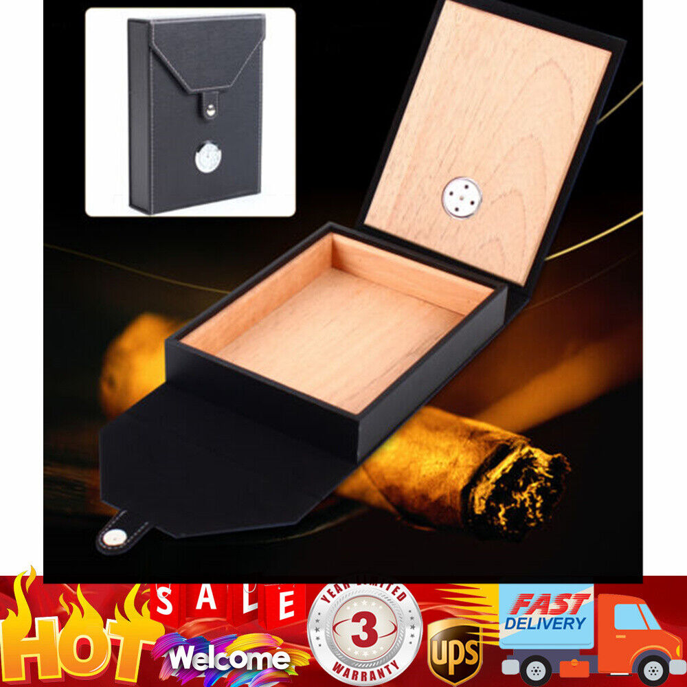 Travel Leather Cedar Wooden Cigar Humidor Case +Humidifier Hygrometer Cigar Box