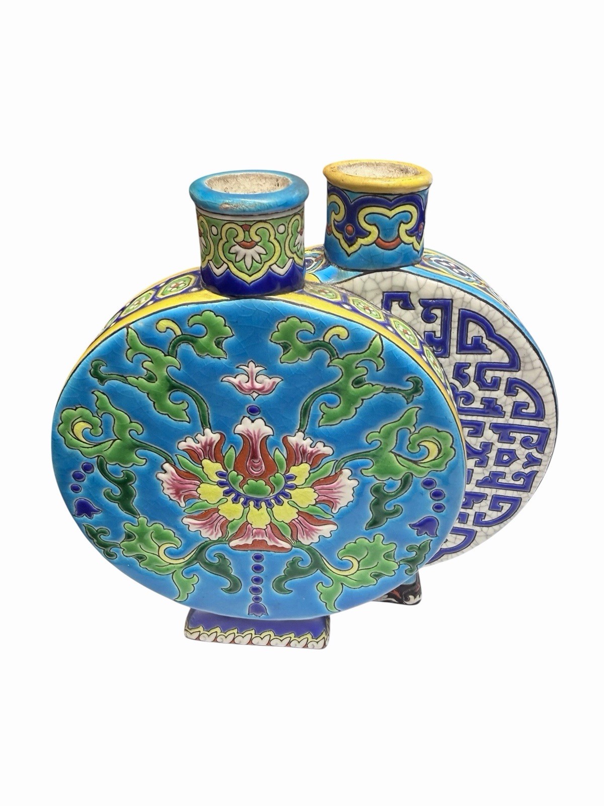 Antique 19C Gien French Faience Double Moon Flask Dragon Lotus Vase Rare