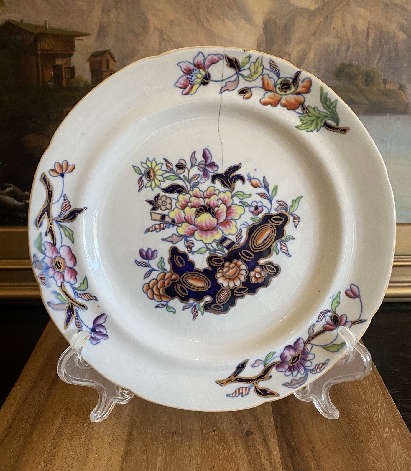DAVENPORT England Floral PLATE Antique Rivets Staple Repair 1805-1820