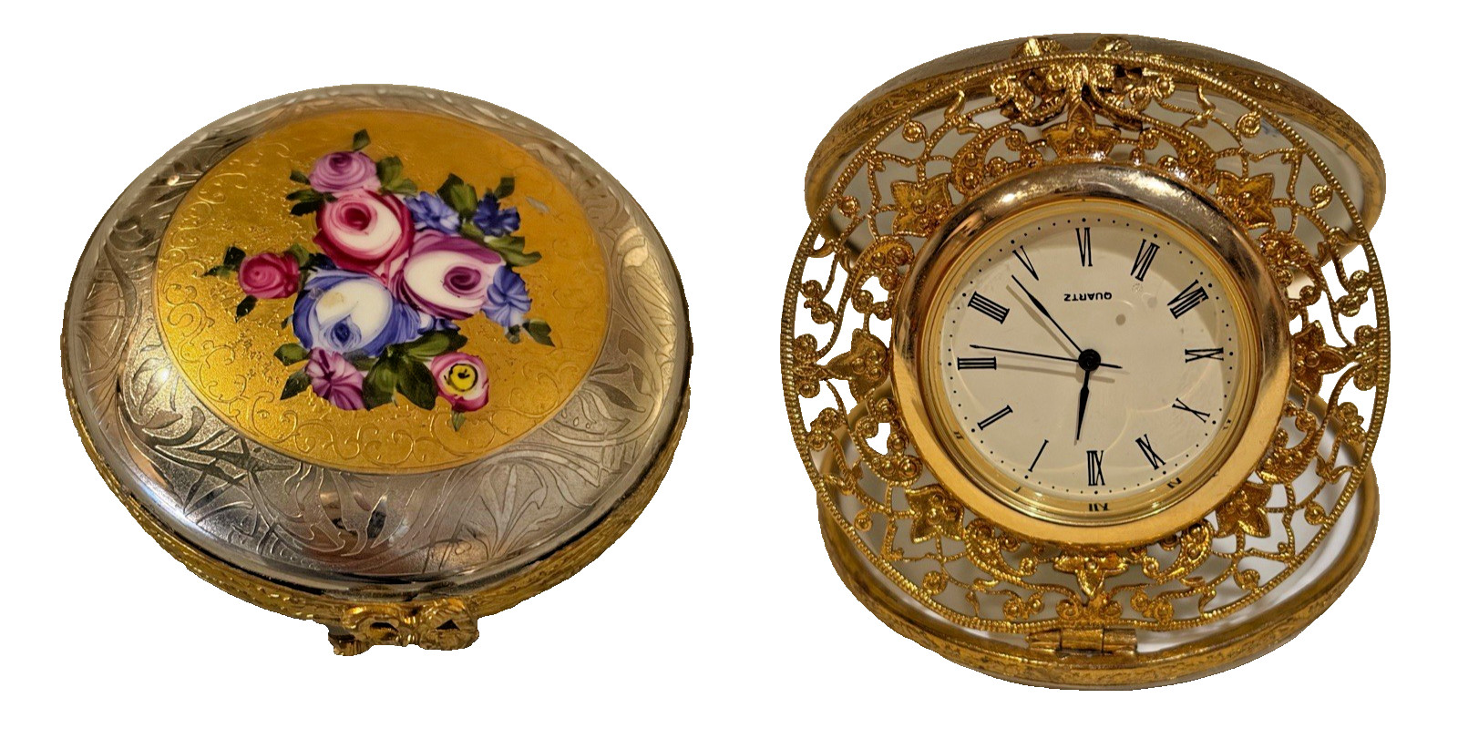 LIMOGES France PEINT MAIN Trinket Box CLOCK-Rose *INCRUSTATION* RARE & RUNS
