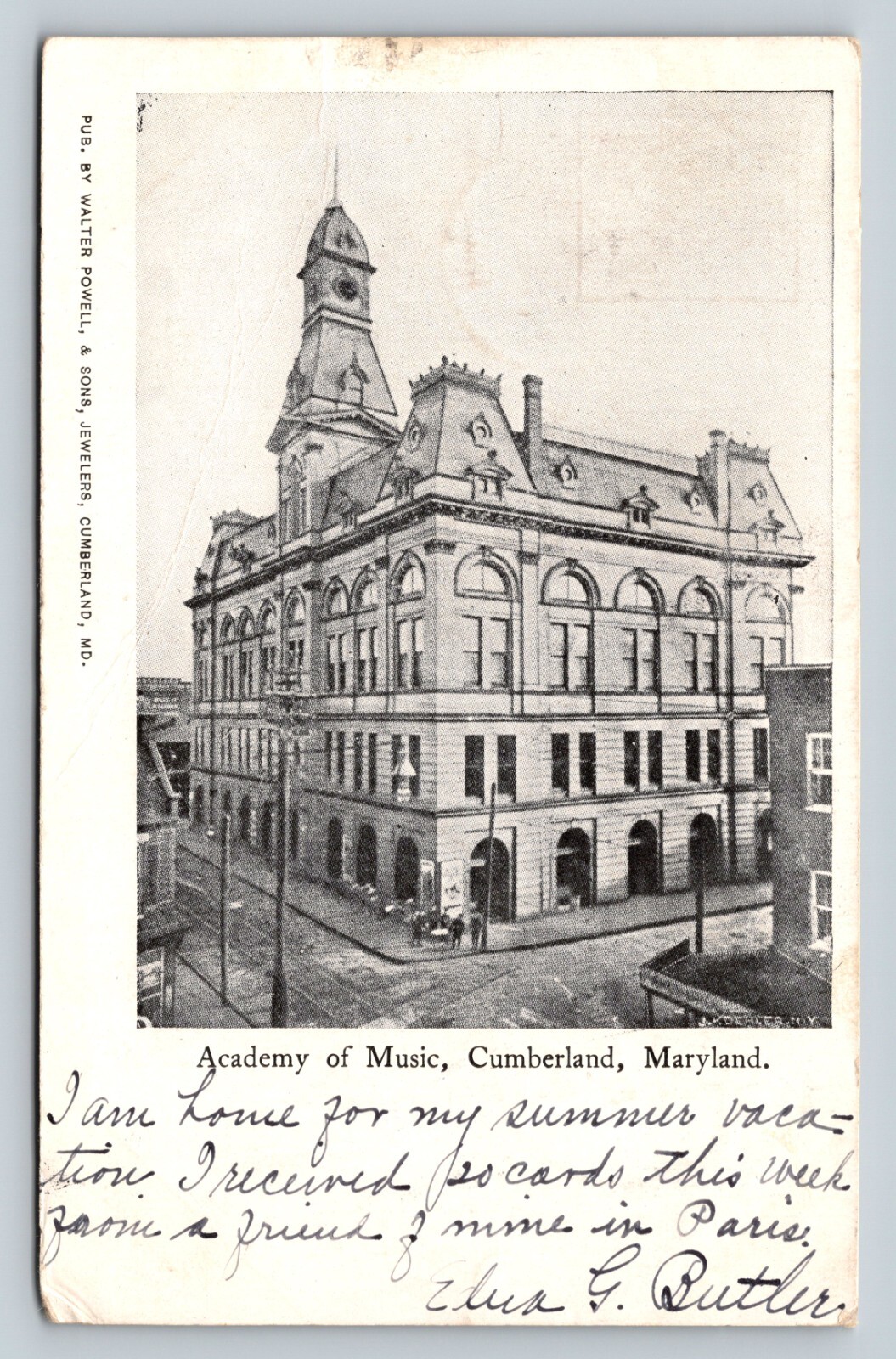 c1906 Cumberland Maryland Academy Of Music, Summer Vacation Msg ANTIQUE Postcard c1906 Cumberland Maryland Academy Of Music, Summer Vacation Msg ANTIQUE Postcard