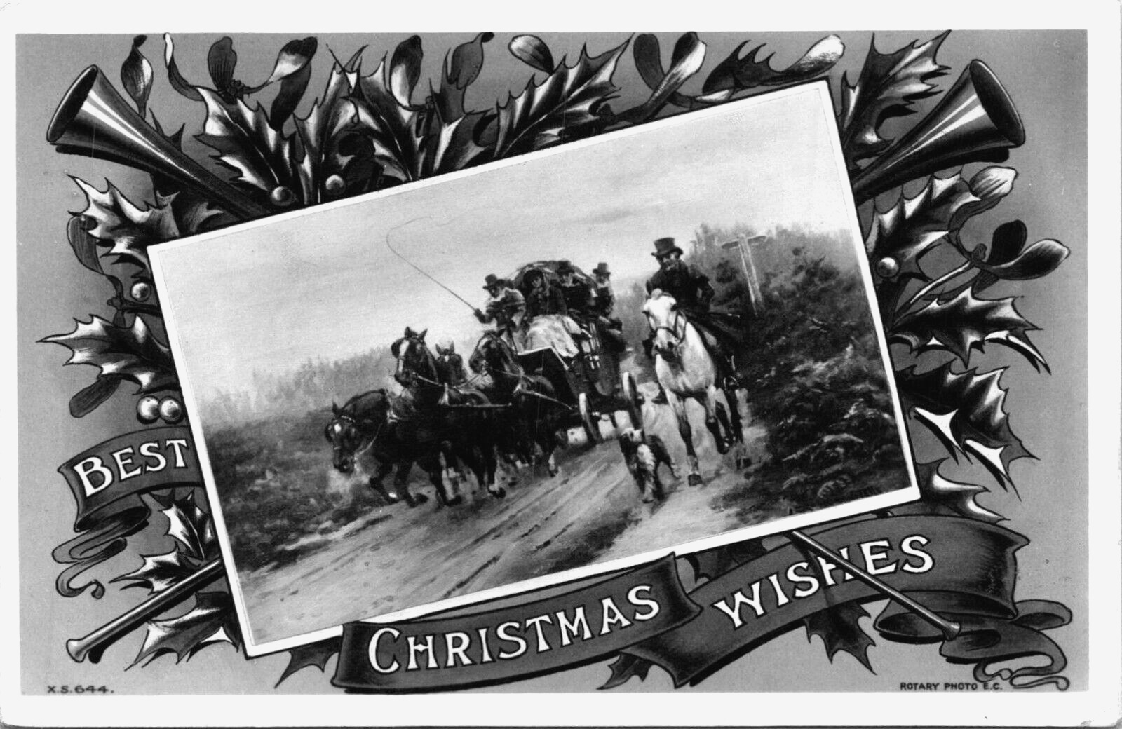 Best Christmas Wishes RPPC Real Photo Postcard Horses with Stagecoach & Dog