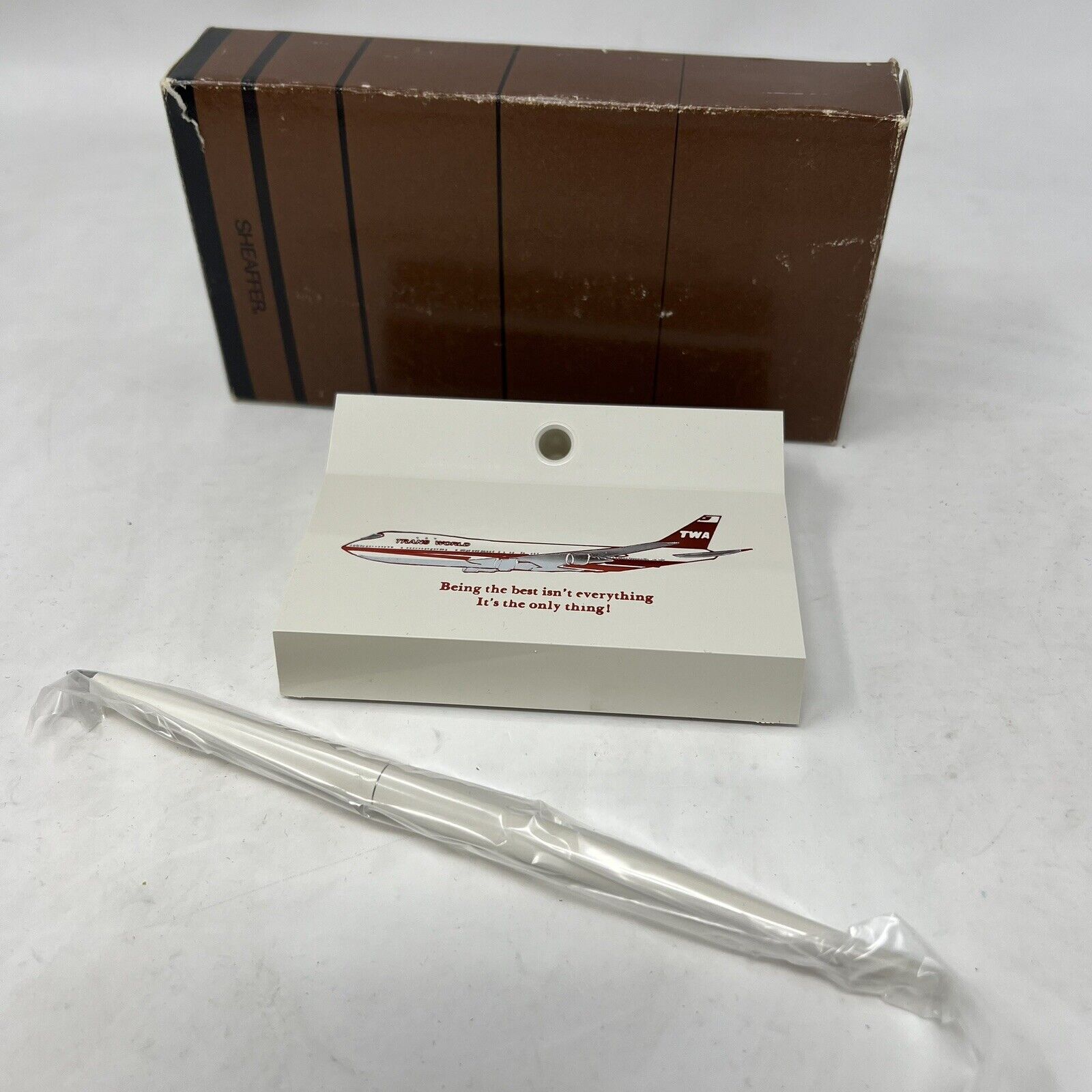 TWA Pen Set Vintage Airlines Sheaffer Desk Pen Set W/ Box “Being The Best..”