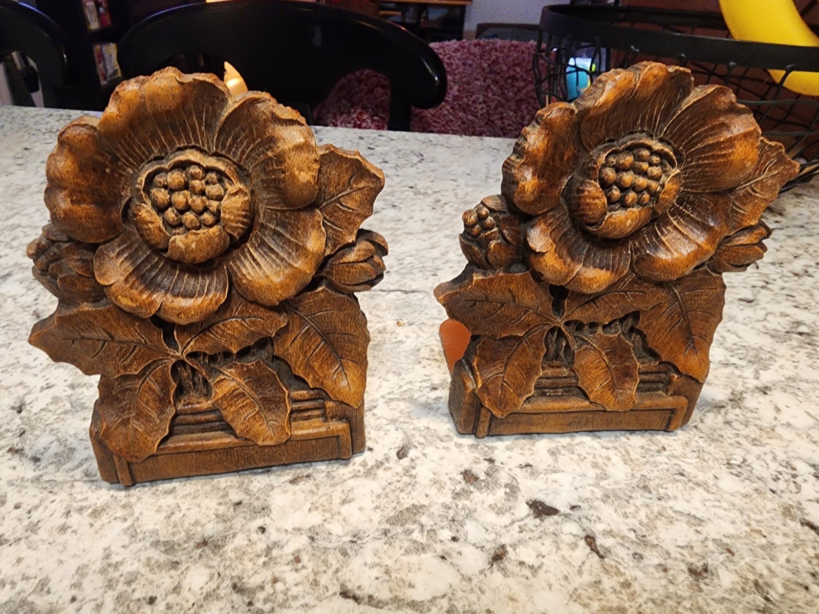 SYROCO Mid Century Faux Wood Floral Bookend PAIR MCM Vintage SYROCO Mid Century Faux Wood Floral Bookend PAIR MCM Vintage
