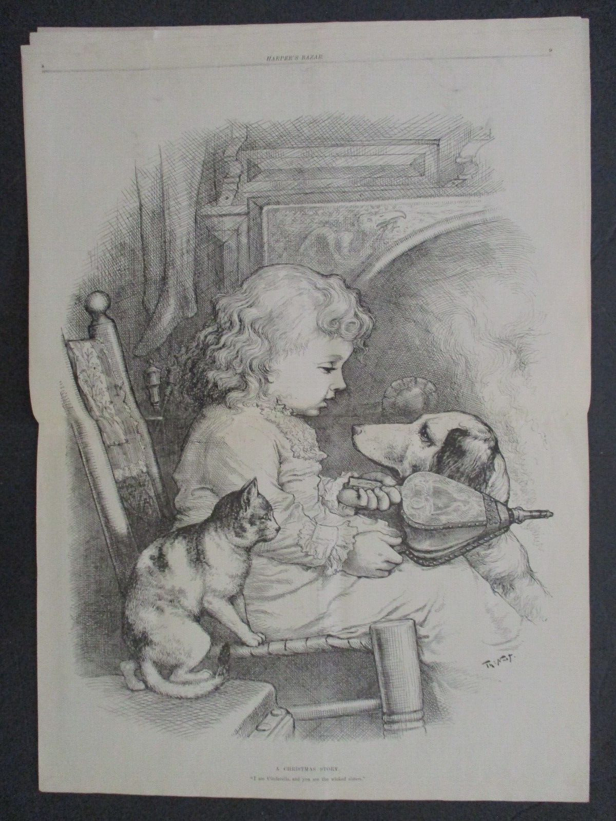 1885 T. NAST 'A CHRISTMAS STORY' XMAS CHILD DOG CAT FIREPLACE LG. HARPER'S BAZAR