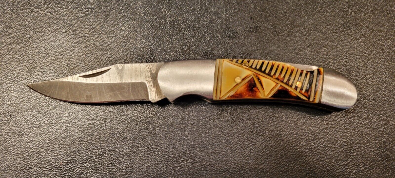 CSFIF Damascus Folding Knife Engraved and Stained Camel Bone Handle- XA02