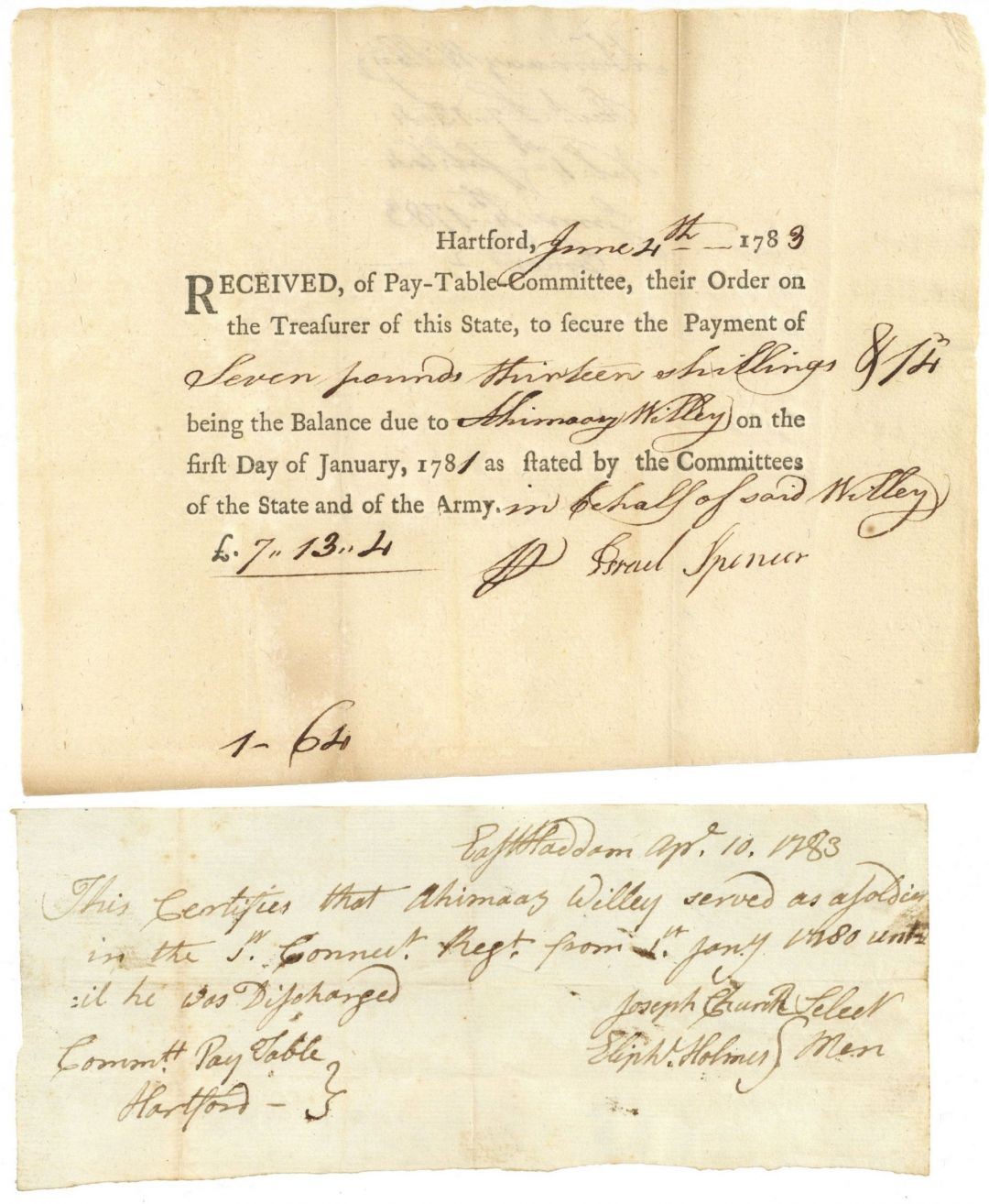1780's dated Pair of Documents - Revolutionary War Soldier Pay Order - America 1780's dated Pair of Documents - Revolutionary War Soldier Pay Order - America
