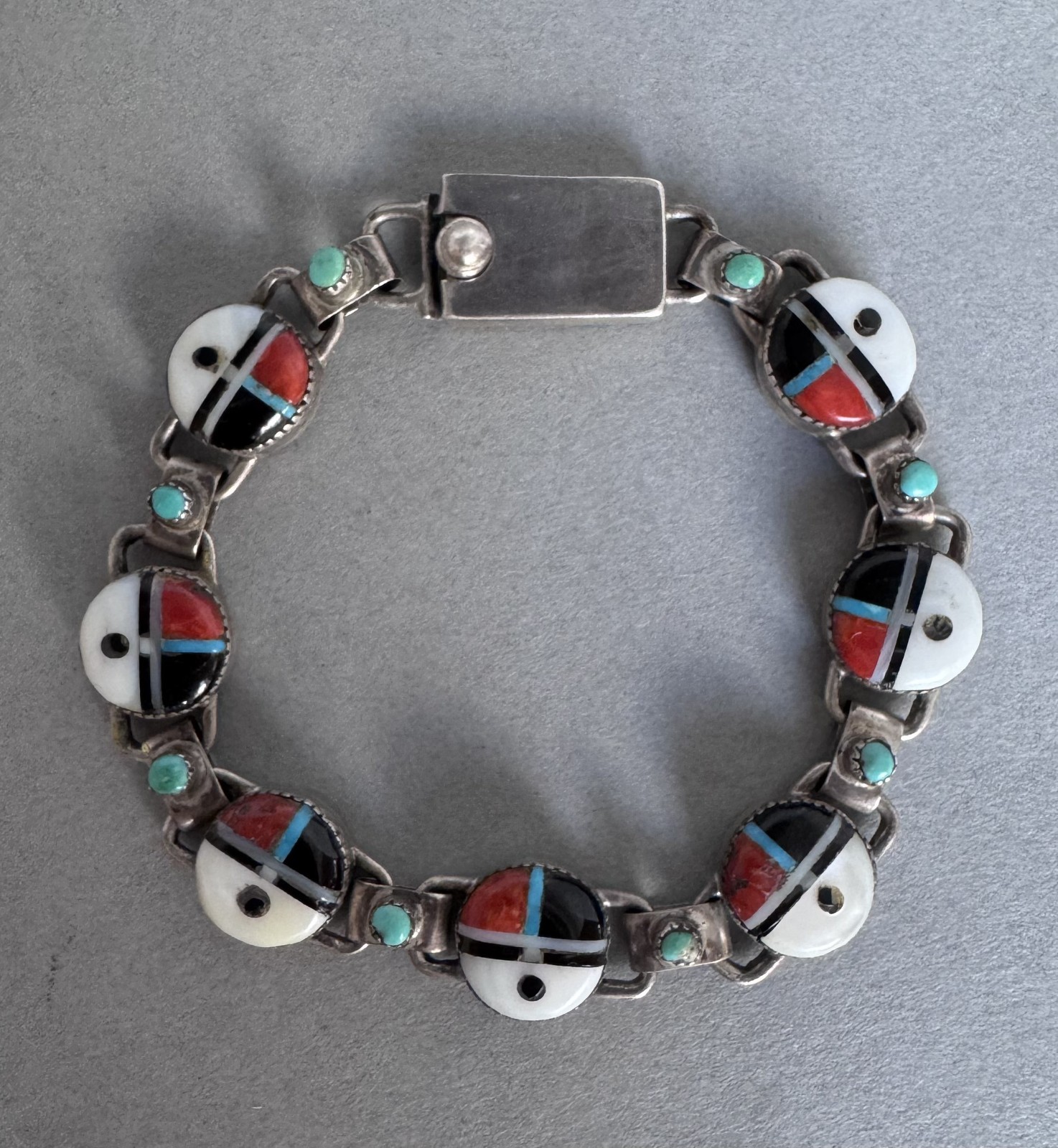 Vintage Zuni Sterling Silver Multi Stone Inlaid Bracelet
