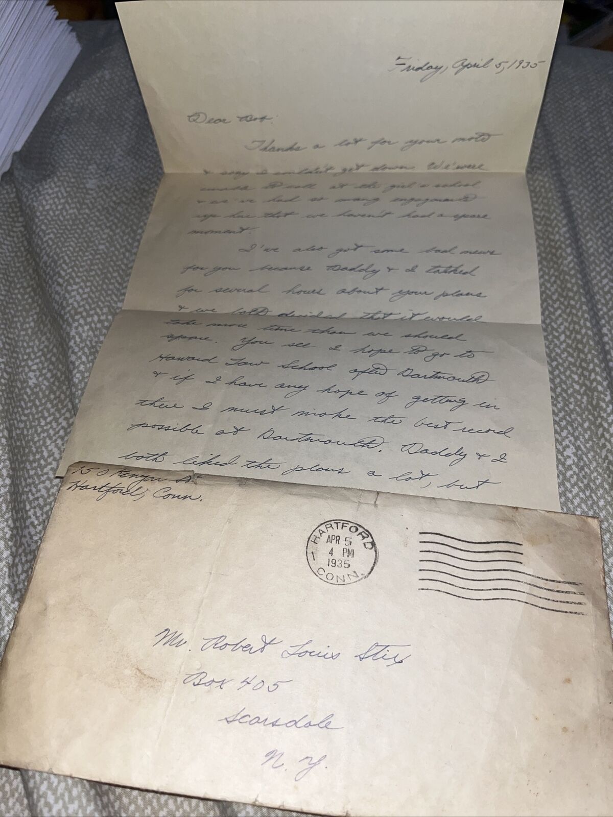 1935 Depression Era Dartmouth College Student Letter, Desires Harvard Law School