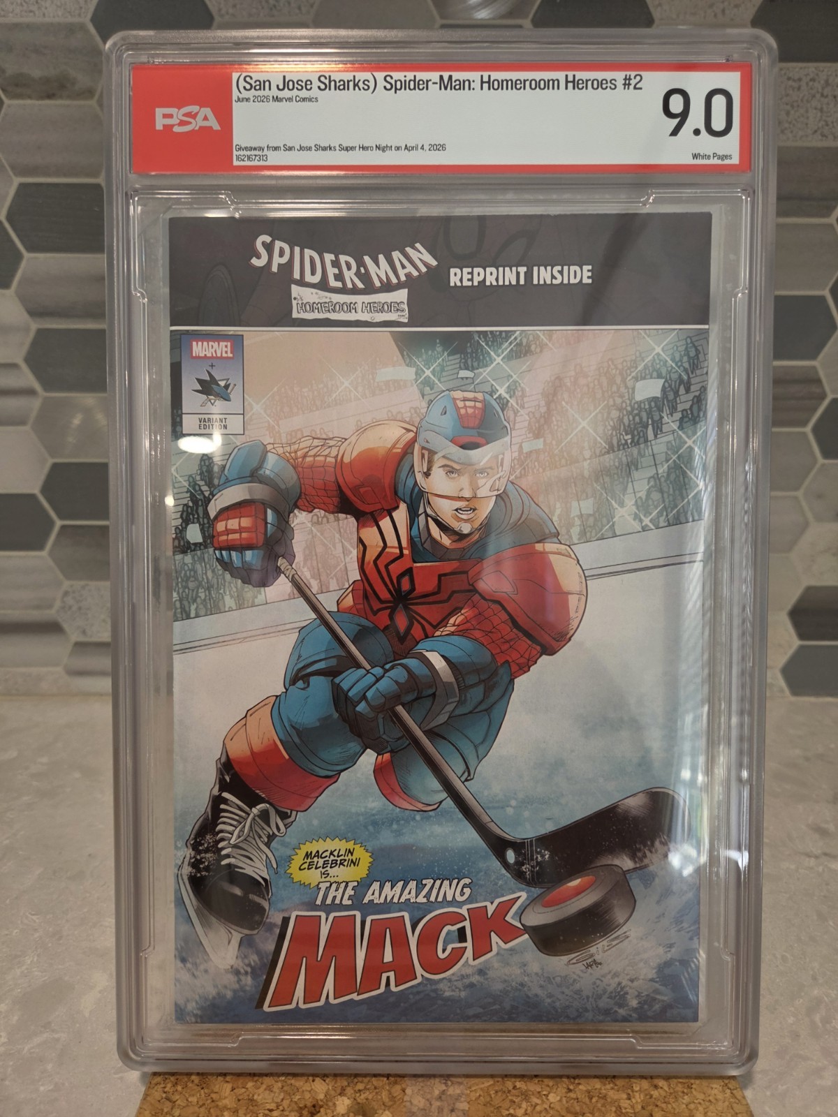 2026 SJ Sharks Marvel SpiderMan Homeroom Heroes 2 Macklin Celebrini Cover PSA 9