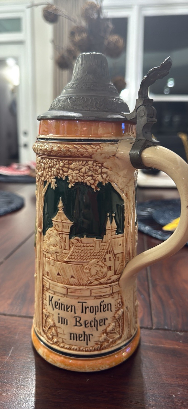 Marzi & Remy German Lindenwirtein relief beer stein with a pewter lid Marzi & Remy German Lindenwirtein relief beer stein with a pewter lid