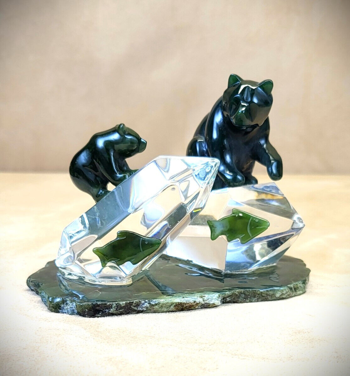 RARE 80s Carved Nephrite Jade & Cut Glass Sculpture Polar Bear & Cub Ice Fishing