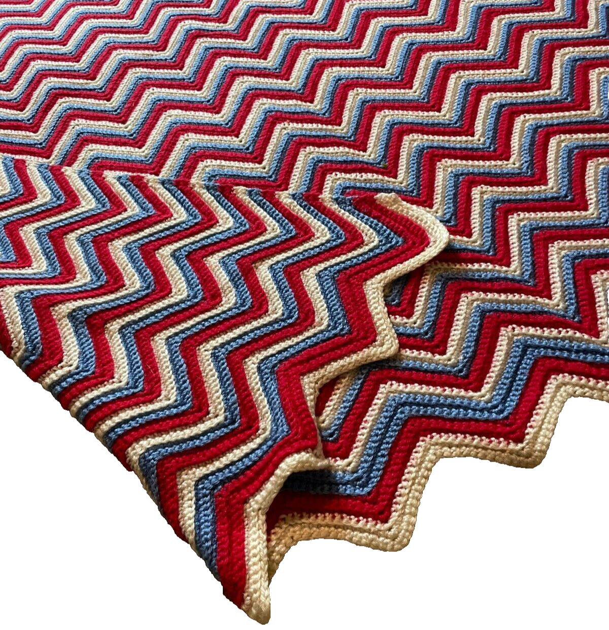 Vintage Granny Chevron Patriotic Knit Handmade Crochet Afghan Lap Blanket Throw