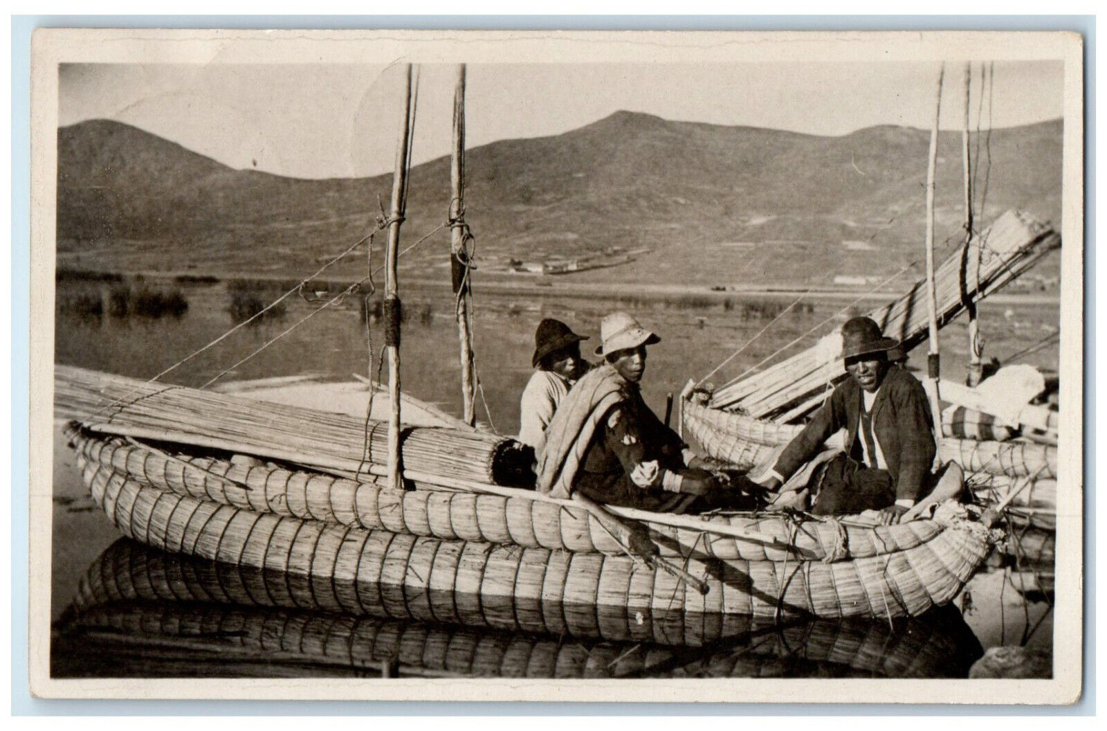 c1940's Three People Riding A Boat in Uruguay Vintage RPPC Photo Postcard