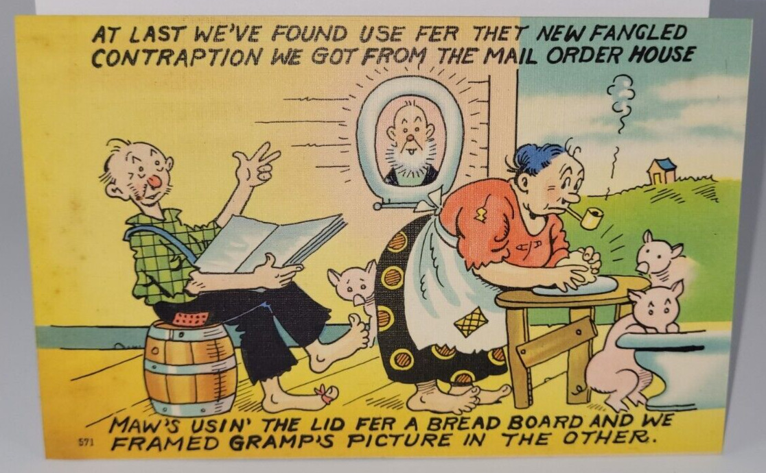 Linen Postcard 1940s AT LAST WE\'VE FOUND USE FER THET... Unused Novelty Vintage