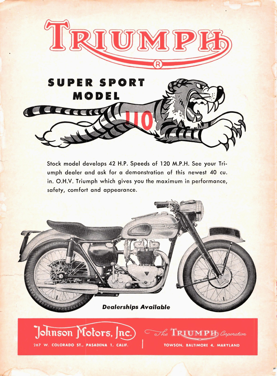 Triumph Super Sport Model 110 Motorcycle Tiger Graphic Johnson Motors Vtg Mag Ad