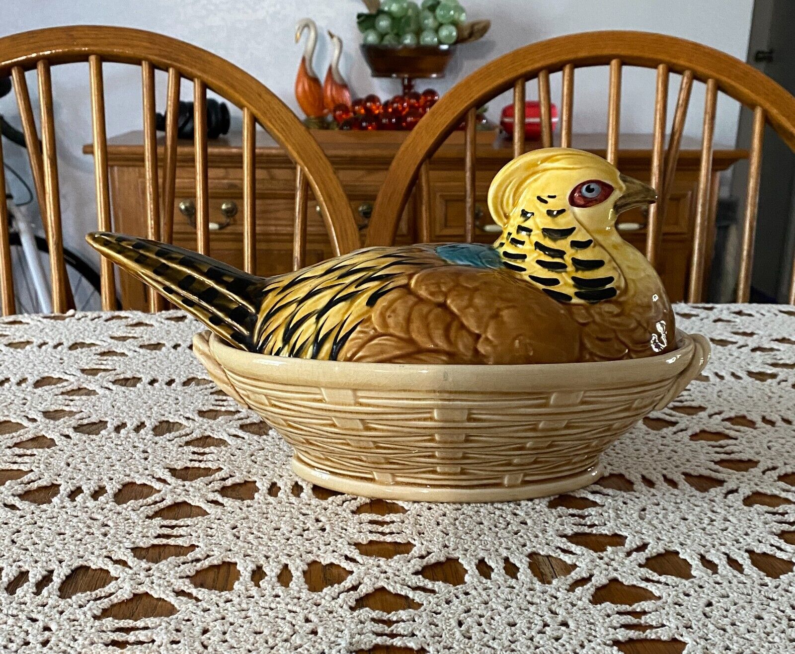 Vintage Sarreguemines France Earthenware Pheasant Lidded Nest Tureen Casserole