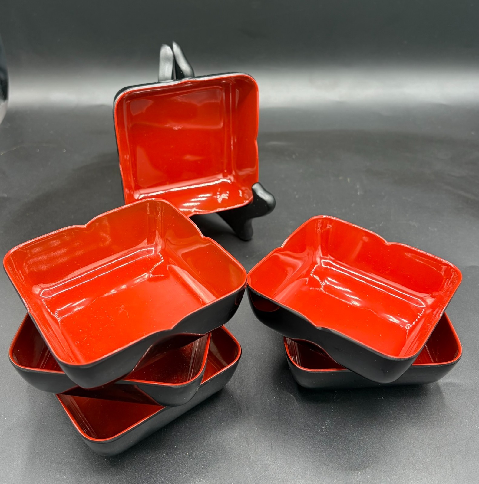 Vintage JAL Japan Airlines Noritake Ashtrays Set of 8 Red Black Airline MCM Vintage JAL Japan Airlines Noritake Ashtrays Set of 8 Red Black Airline MCM