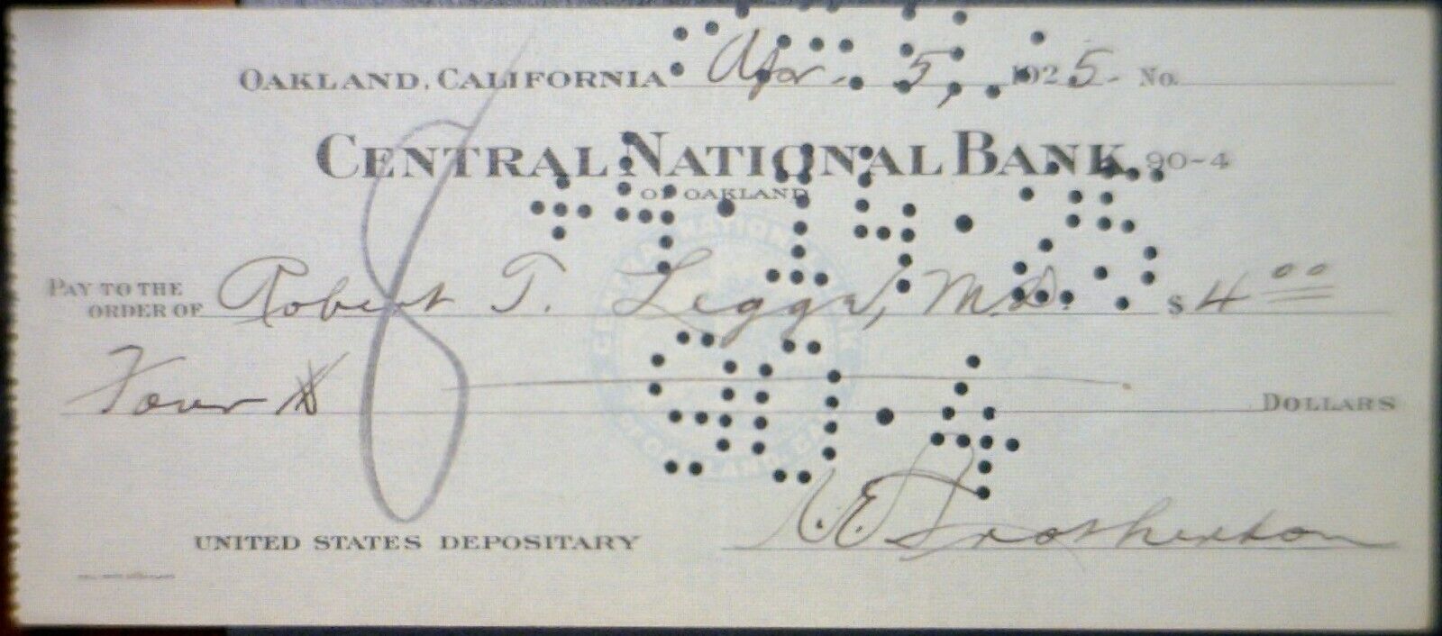 1925 The Central National Bank of OAKLAND CALIFORNIA Check LOT #5   