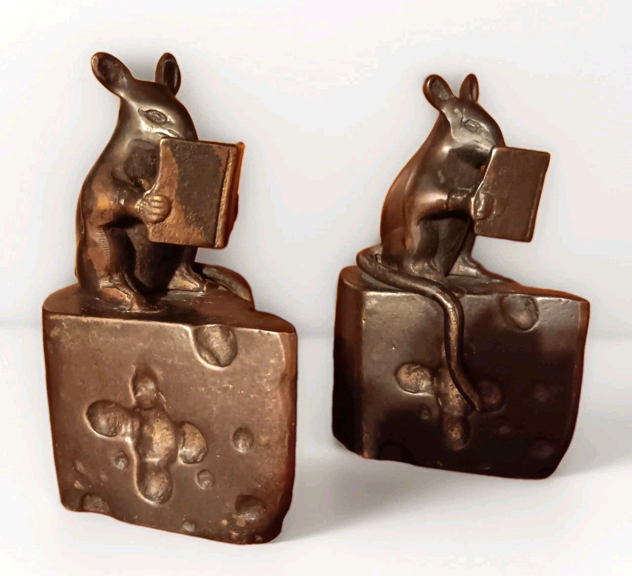 Vintage Set Bronze Mice Mouse Reading Books on Swiss Cheese Wedges Bookends SPI 