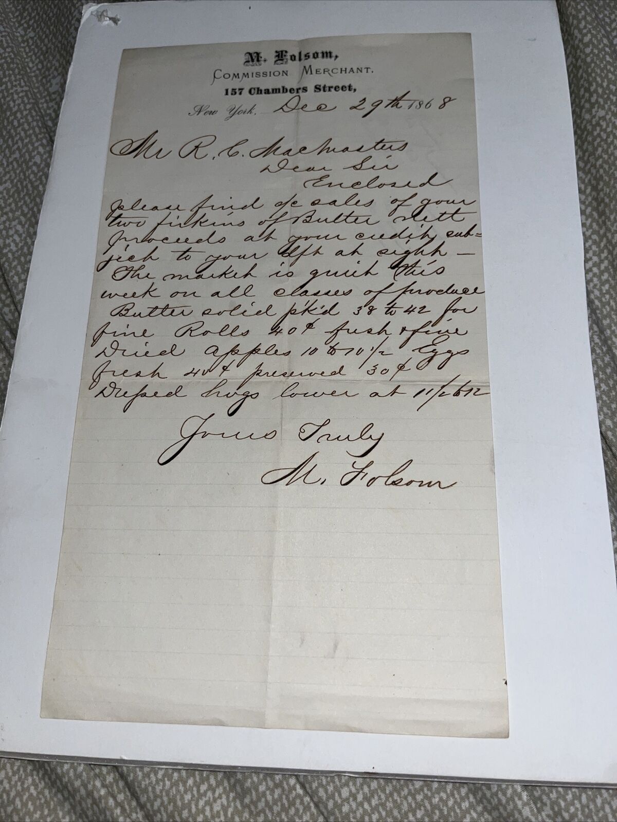 1868 Letter: Chambers St Manhattan NYC Commission Merchant on Firkins Of Butter