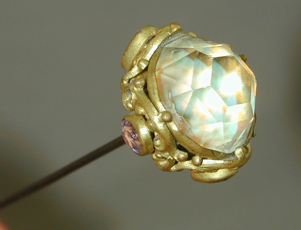 HUGE Victorian Hat Pin 16mm Opalescent Faceted Jewel & Purple Side Stones 8.25”