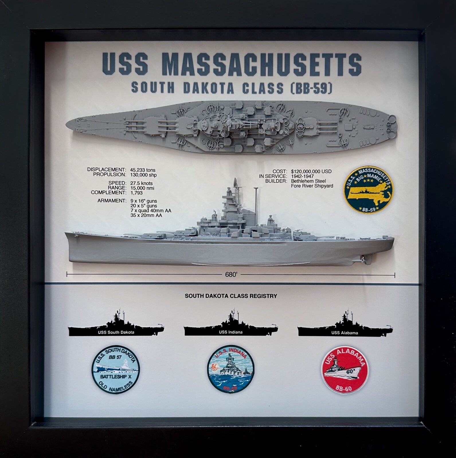 USS Massachusetts Display Box, BB-59, South Dakota Class, WW2, 9 USS Massachusetts Display Box, BB-59, South Dakota Class, WW2, 9