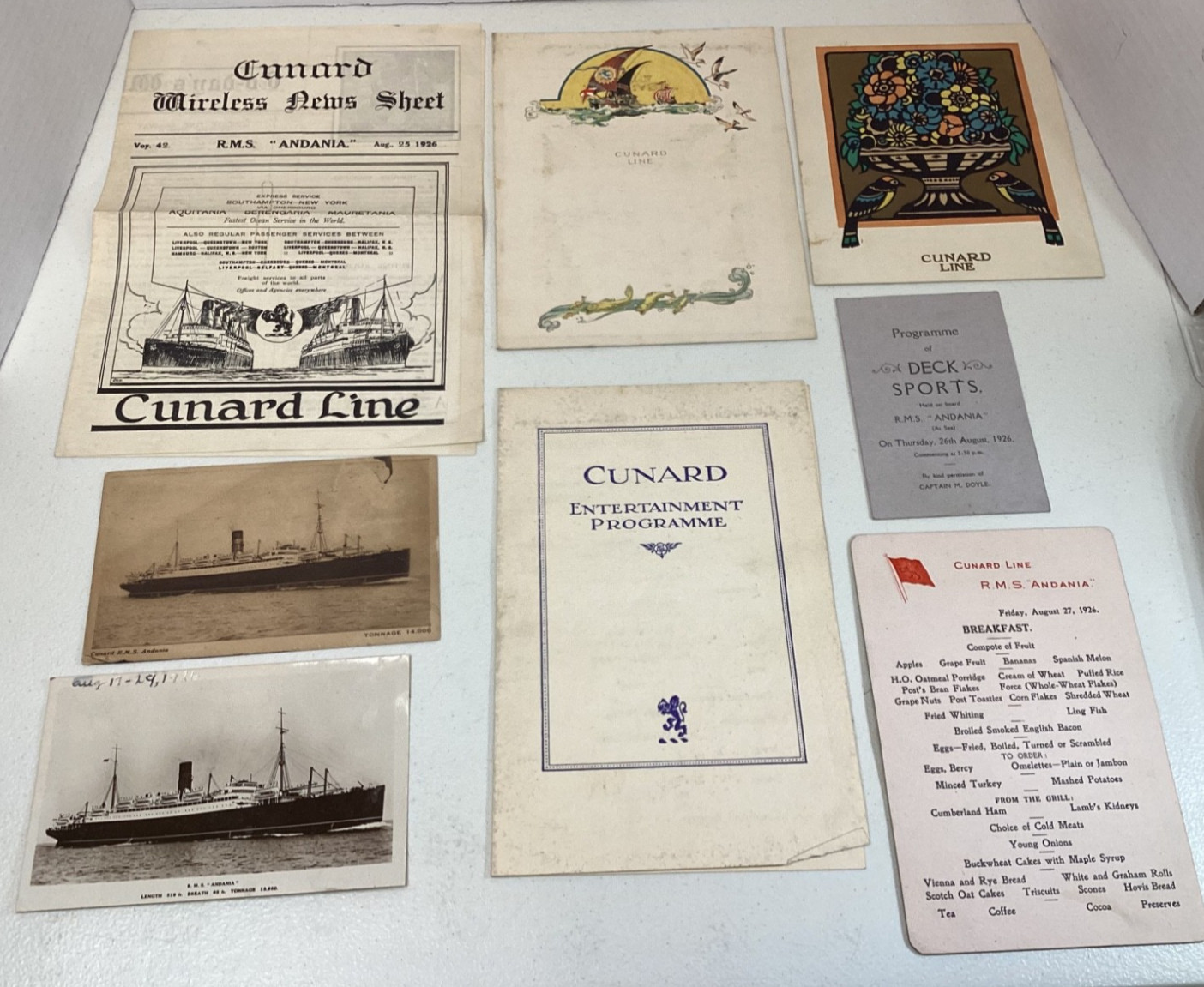 Cunard Line R.M.S. Andania Maritime Travel Epemera 1926 Menu's, News Sheet, etc. Cunard Line R.M.S. Andania Maritime Travel Epemera 1926 Menu's, News Sheet, etc.